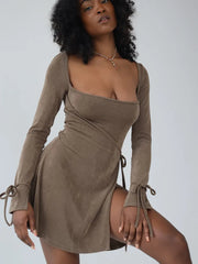 Summer Long Sleeve Square Neck Split Bodycon Backless Maxi Dress