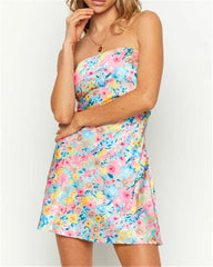 WomenSummer Tube Strapless Tie Back Cutout Floral Print Beachwear Mini Dress