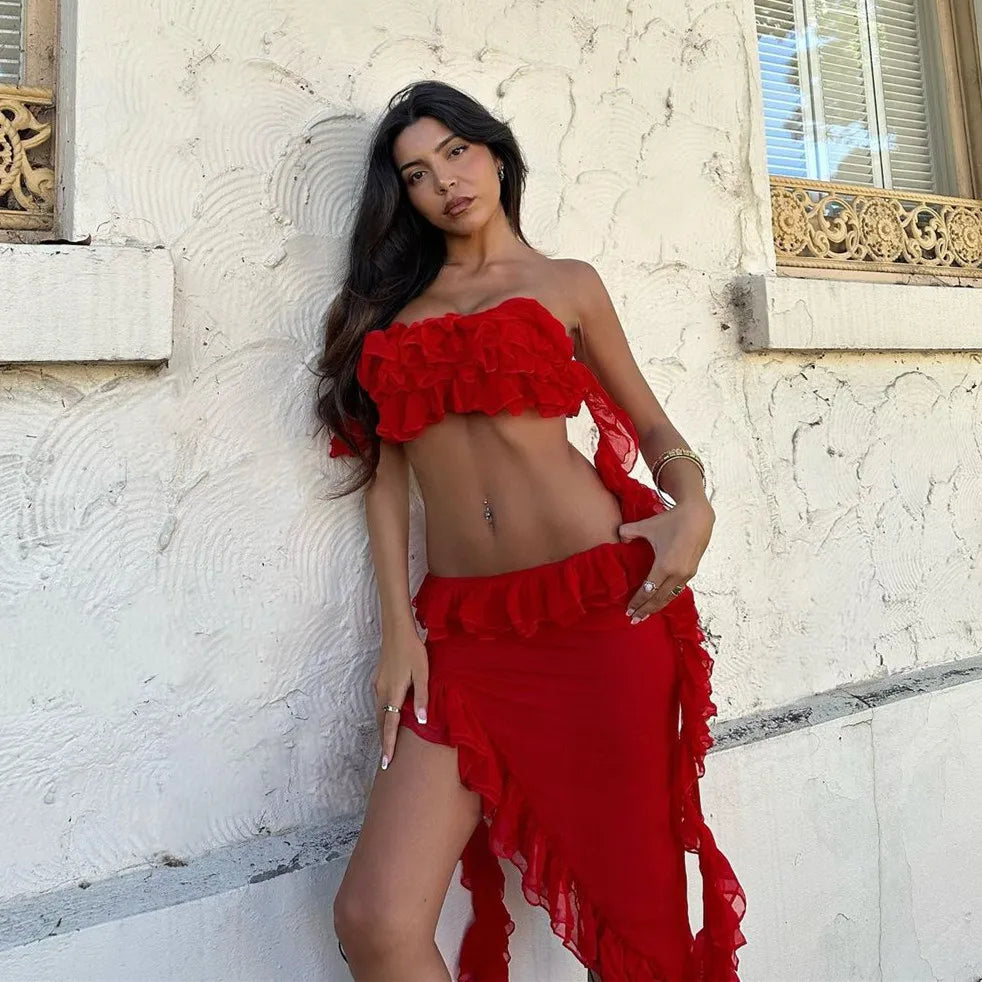 WomenRuffle Trim Cutout Mesh See Through Short Beach Sundress Midi Dress