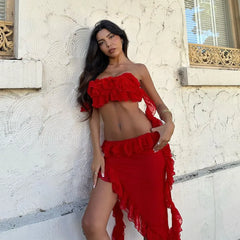 WomenRuffle Trim Cutout Mesh See Through Short Beach Sundress Midi Dress