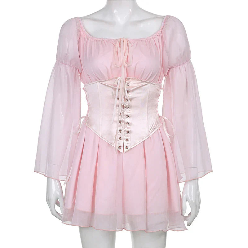Puff Sleeve Off Shoulder Lace Up Swing Ruffle Mesh Party Body Shaper Bustier Corset Mini Dress