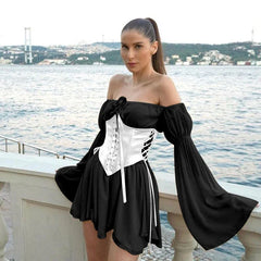 Puff Sleeve Off Shoulder Lace Up Swing Ruffle Mesh Party Body Shaper Bustier Corset Mini Dress