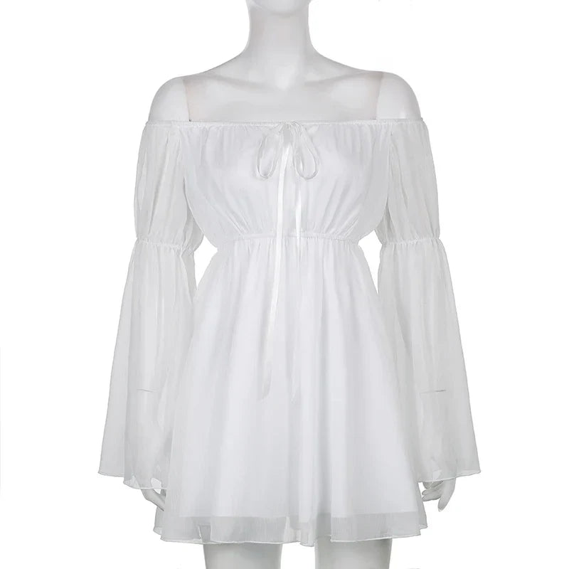 Puff Sleeve Off Shoulder Lace Up Swing Ruffle Mesh Party Body Shaper Bustier Corset Mini Dress