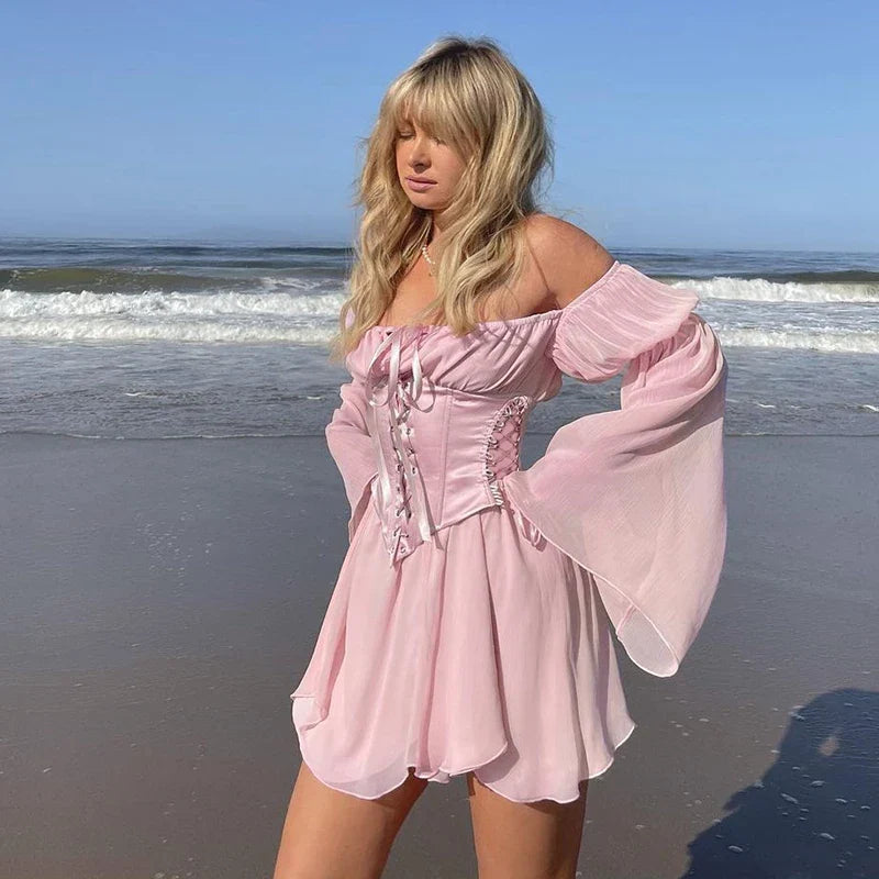 Puff Sleeve Off Shoulder Lace Up Swing Ruffle Mesh Party Body Shaper Bustier Corset Mini Dress