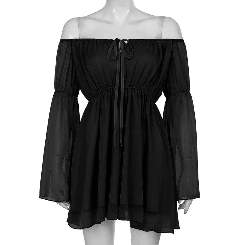 Puff Sleeve Off Shoulder Lace Up Swing Ruffle Mesh Party Body Shaper Bustier Corset Mini Dress