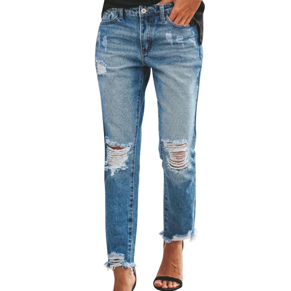 Hole Jeans High Waist Long Pants Solid Color Pocket Decor Zipper Button Placket Jeans