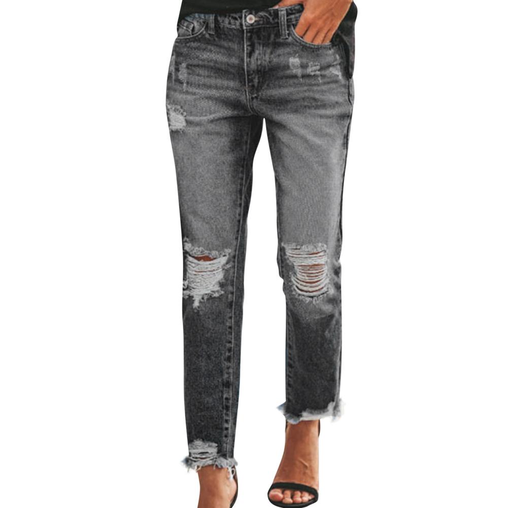Hole Jeans High Waist Long Pants Solid Color Pocket Decor Zipper Button Placket Jeans