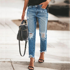Hole Jeans High Waist Long Pants Solid Color Pocket Decor Zipper Button Placket Jeans