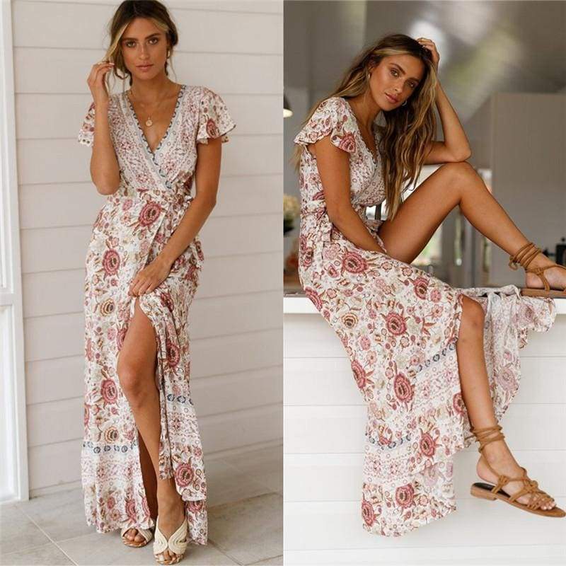 Holiday Long Dress WomenBoho Dresses Lady Boho Floral V-neck Long Maxi Dress Summer Beachwear Sundress