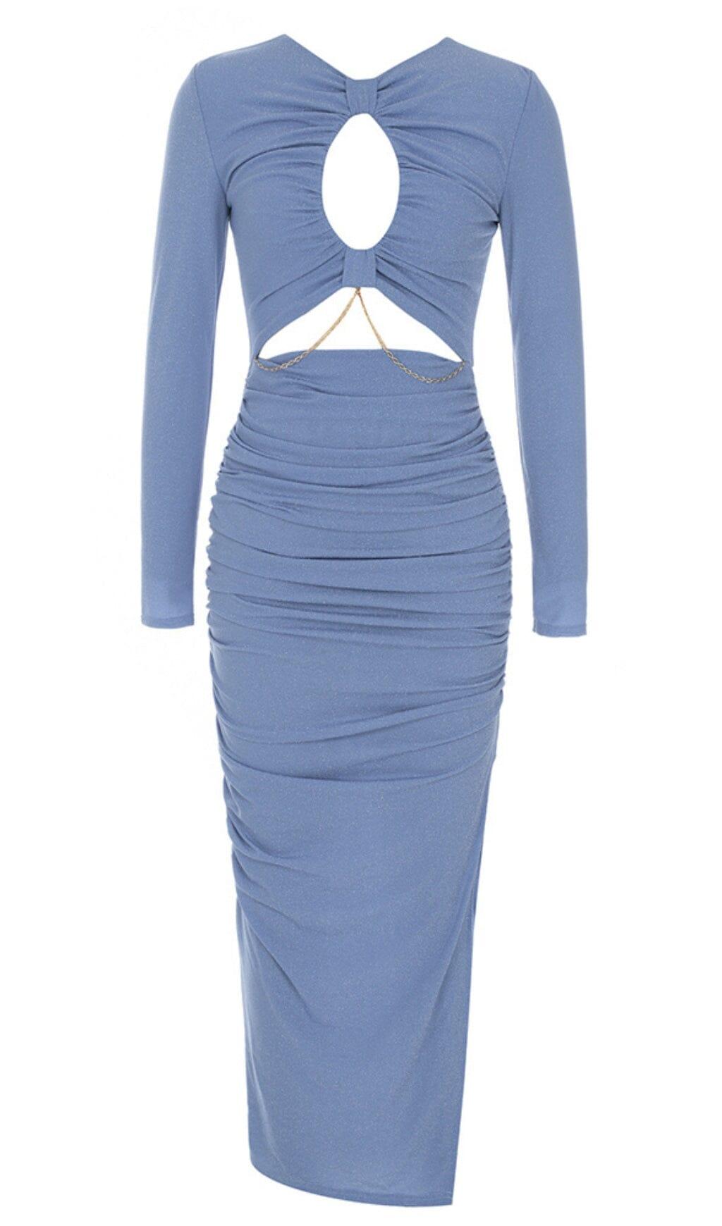 LONG SLEEVE CUTOUT SKINNY BANDAGE DRESS IN BLUE