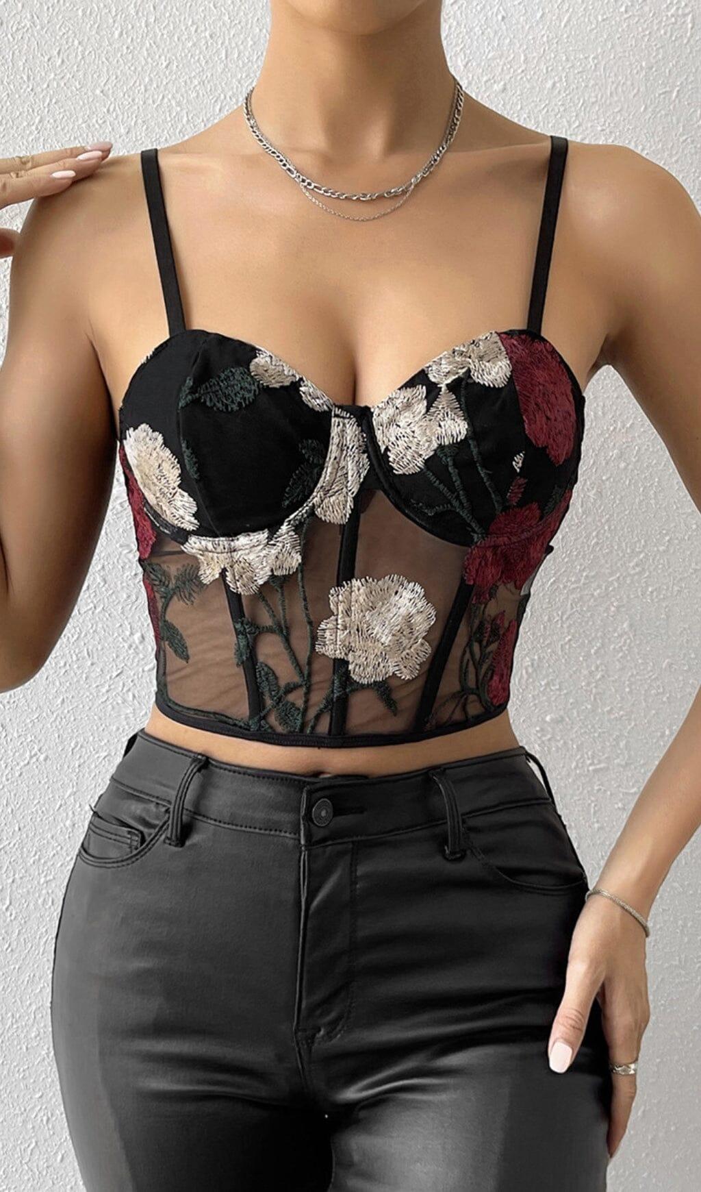 EMBROIDERED FLOWERS CORSET TOP IN BLACK