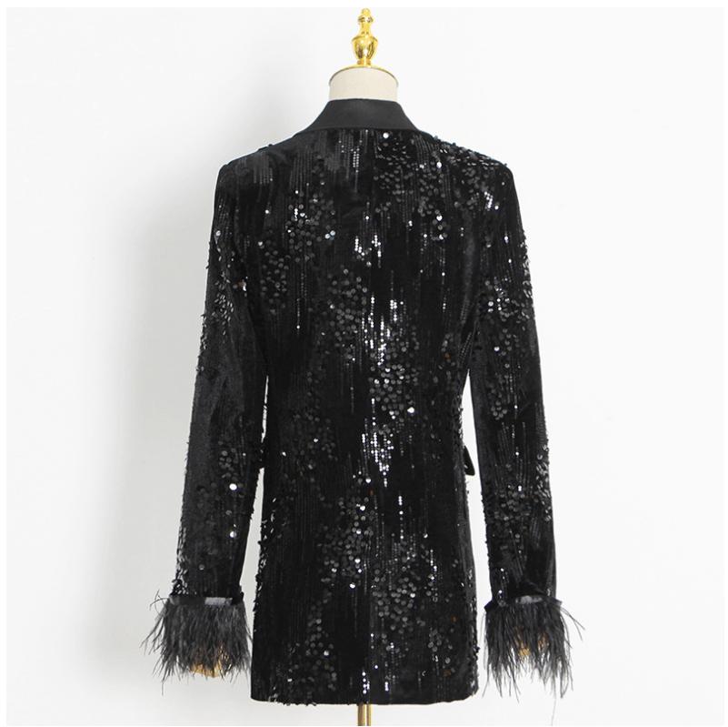 V NECK SEQUIN FEATHER BLAZER IN BLACK