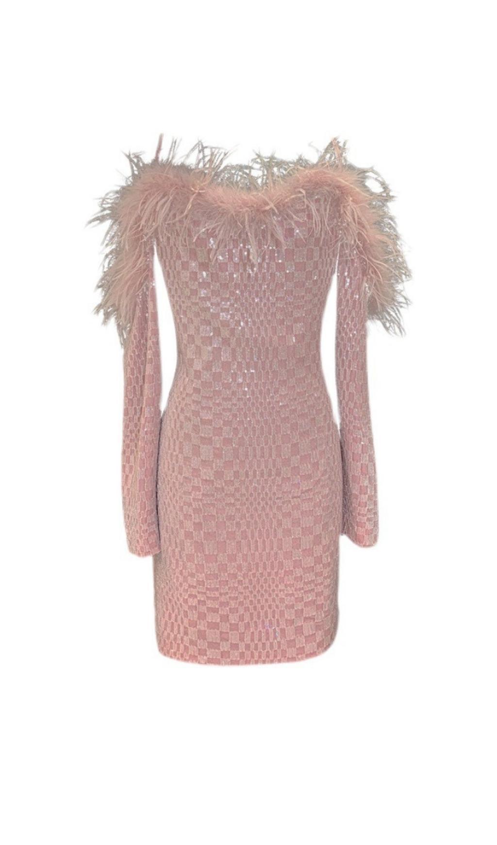 OFF SHOULDER FEATHER MINI DRESS IN PINK