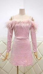 OFF SHOULDER FEATHER MINI DRESS IN PINK