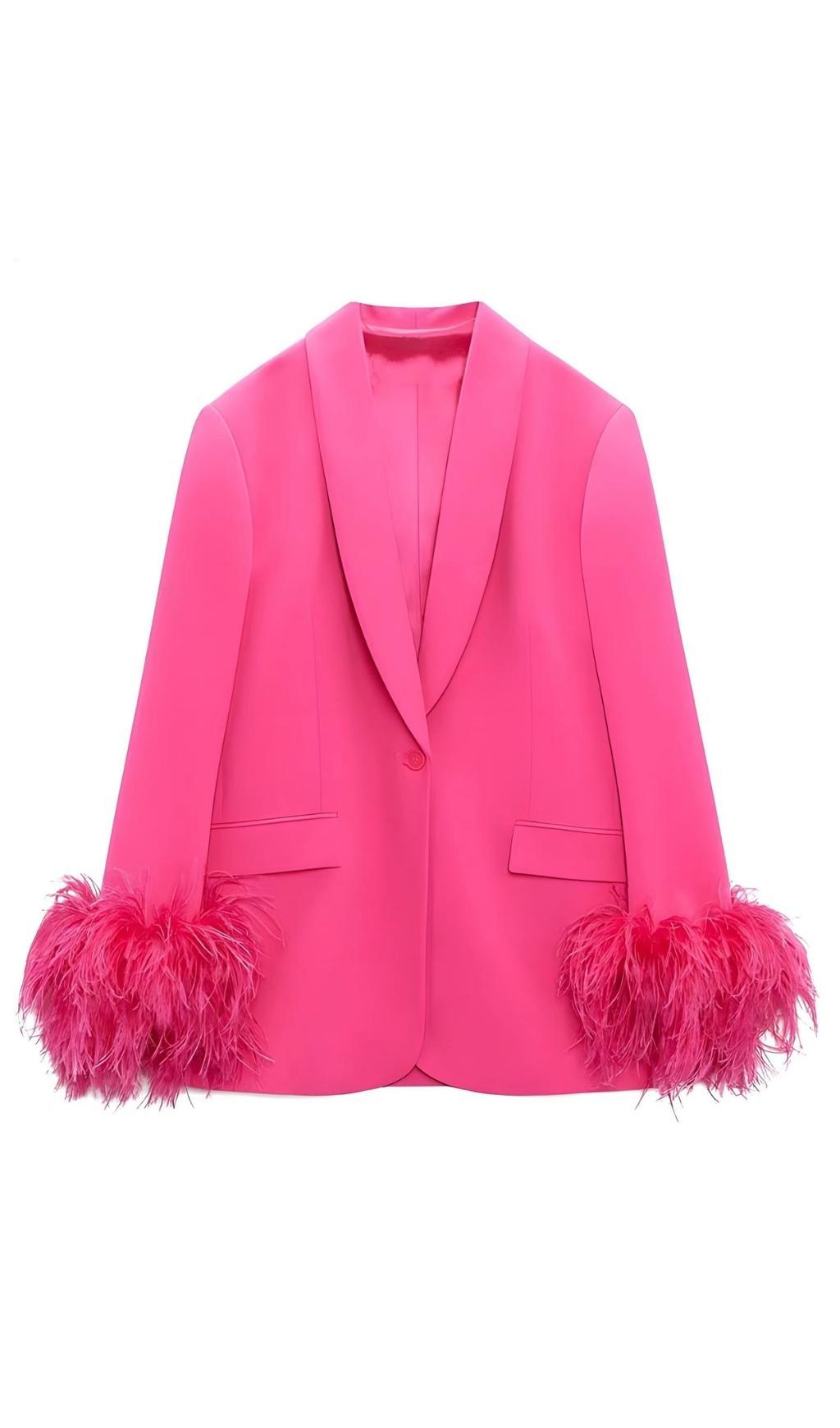 FEATHER JACKET SUIT IN HOT PINK