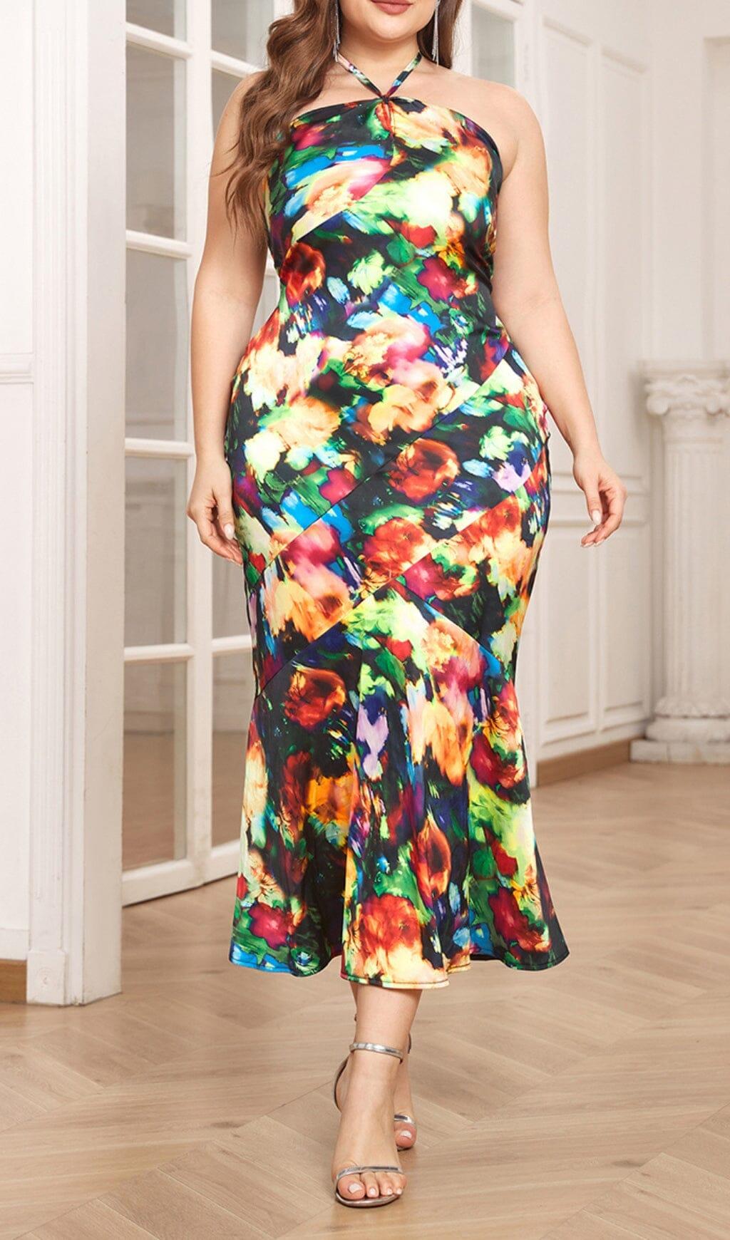 LARGE SIZE PRINT-FLORAL HALTERNECK SLIM BACKLESS MAXI DRESS