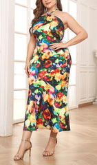 LARGE SIZE PRINT-FLORAL HALTERNECK SLIM BACKLESS MAXI DRESS