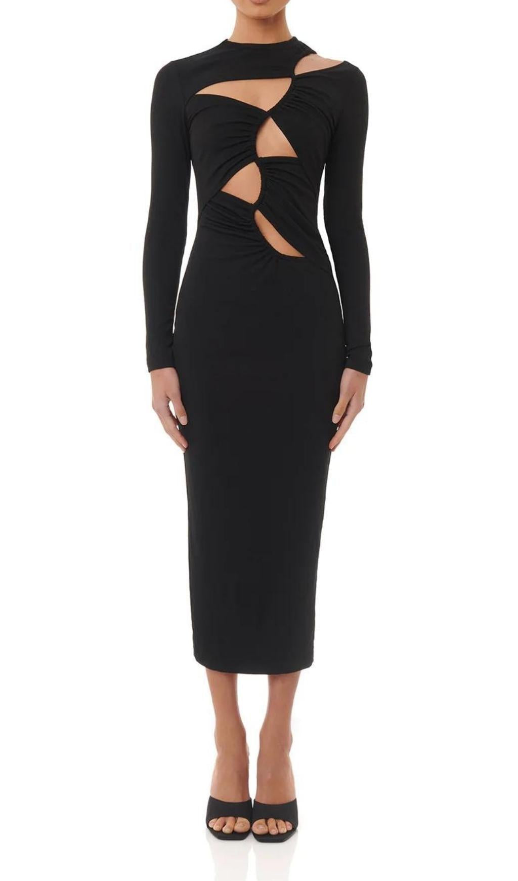 LONG SLEEVES CUT OUT MIDI DRESS IN BLACK