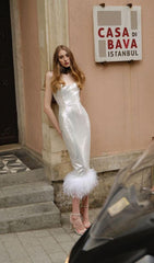 SEQUIN FEATHER MIDI DRESS IN WHITE