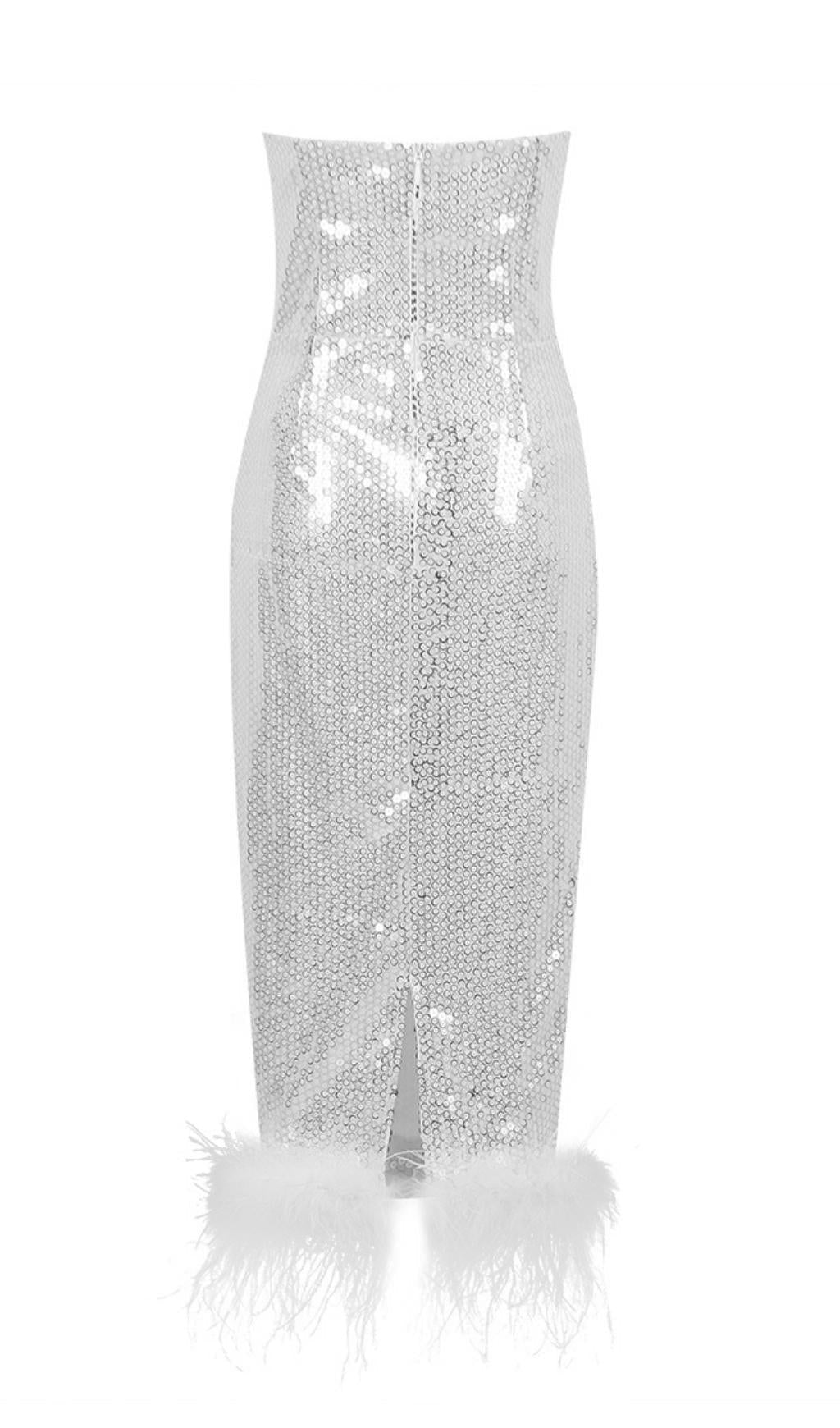 SEQUIN FEATHER MIDI DRESS IN WHITE