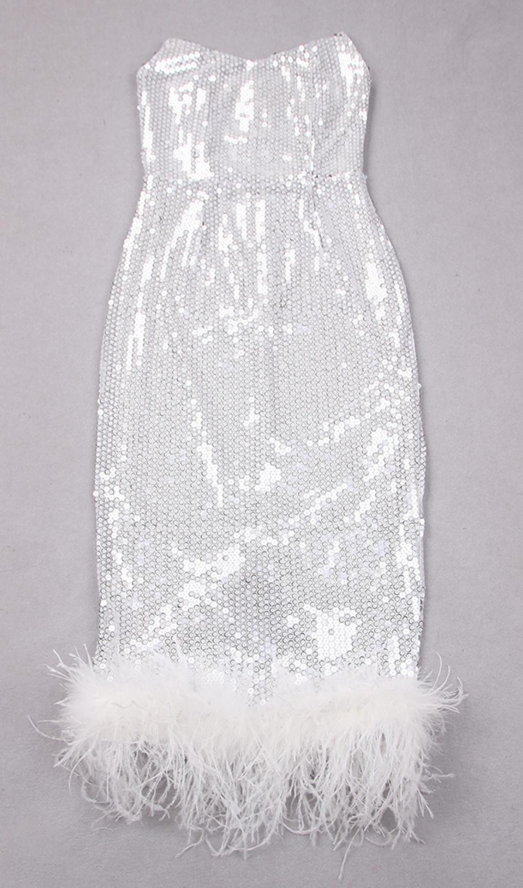 SEQUIN FEATHER MIDI DRESS IN WHITE