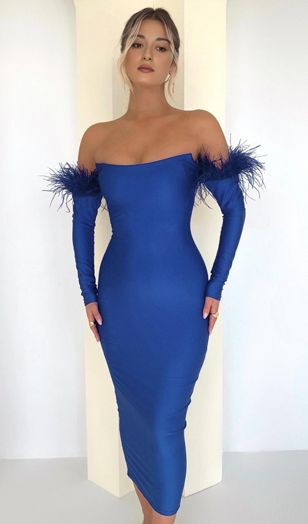 LONG SLEEVES STRAPLESS MIDI DRESS IN BLUE