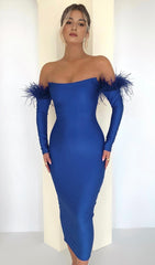 LONG SLEEVES STRAPLESS MIDI DRESS IN BLUE