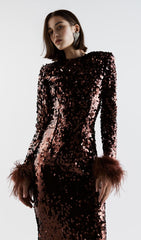 SEQUIN FEATHER LONG SLEEVES MIDI DRESS