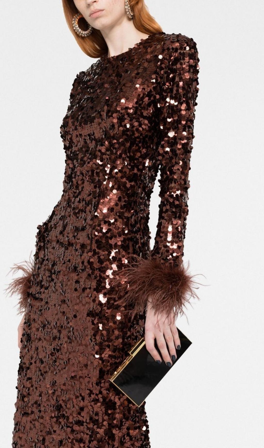 SEQUIN FEATHER LONG SLEEVES MIDI DRESS