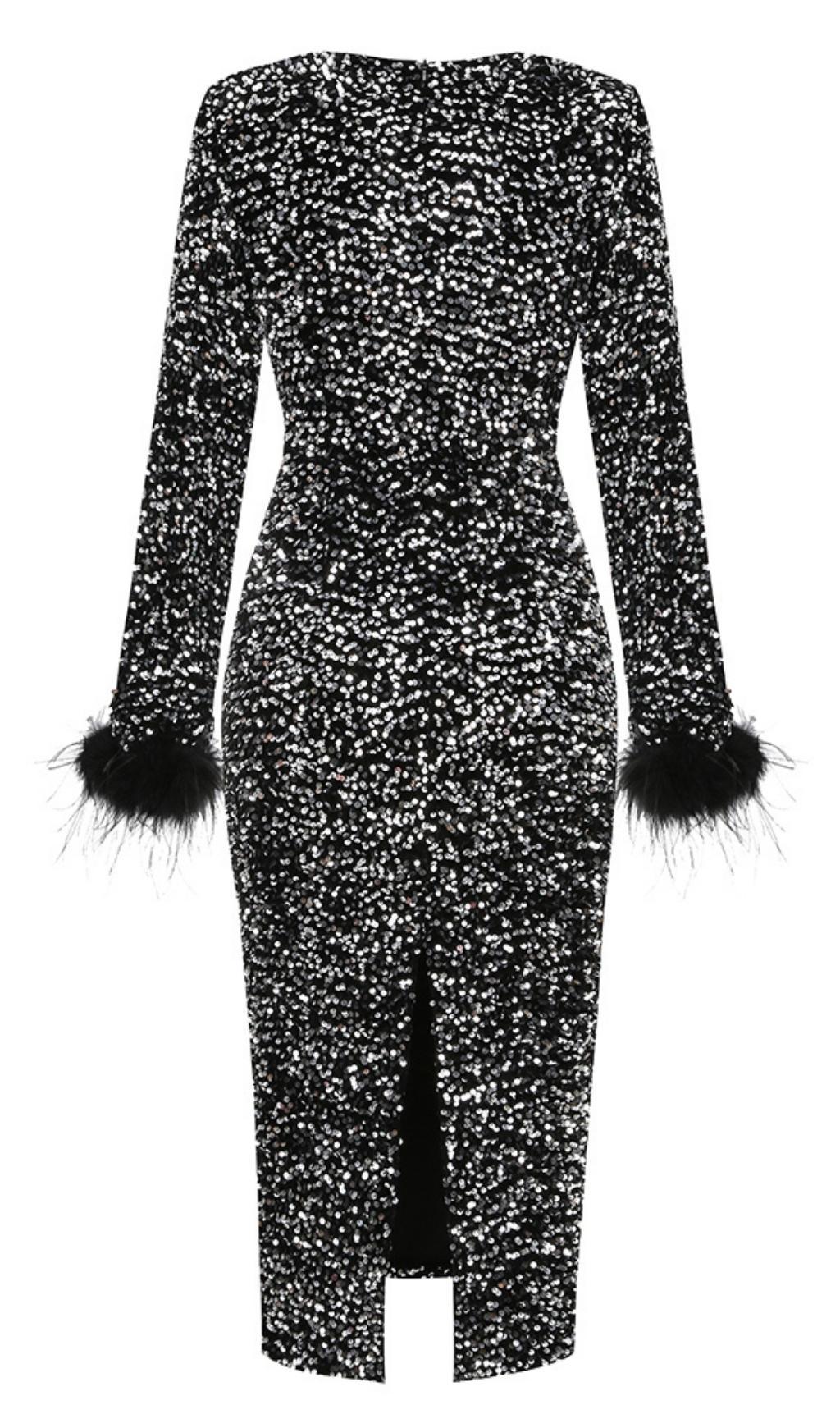 SEQUIN FEATHER LONG SLEEVES MIDI DRESS