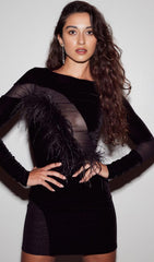 LONG SLEEVES FEATHER MINI DRESS IN BLACK