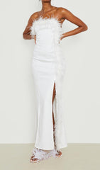 FEATHER STRAPLESS MAXI DRESS IN WHITE