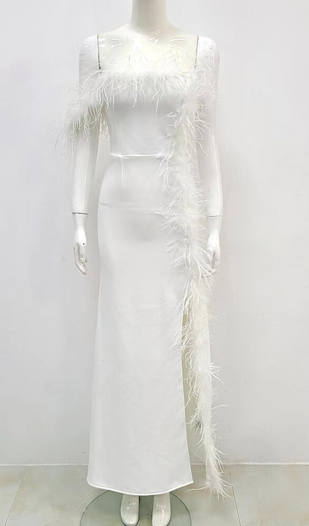 FEATHER STRAPLESS MAXI DRESS IN WHITE