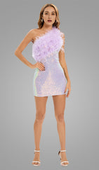 PURPLE ONE SHOULDER SEQUIN FEATHER MINI DRESS