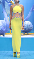 HALTER YELLOW CUTOUT SLEEVELESS CRYSTALS SATIN EVENING DRESS