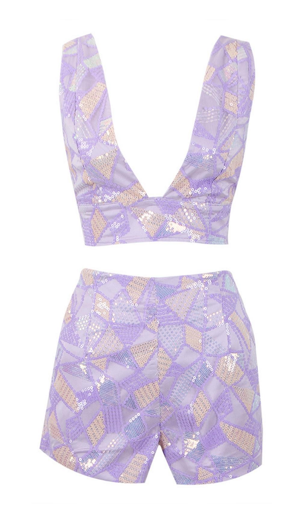 JACQUARD SEQUIN TWO PIECE SET IN PURPLE