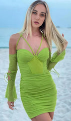 GAUZE HALTER BANDAGE MINI DRESS