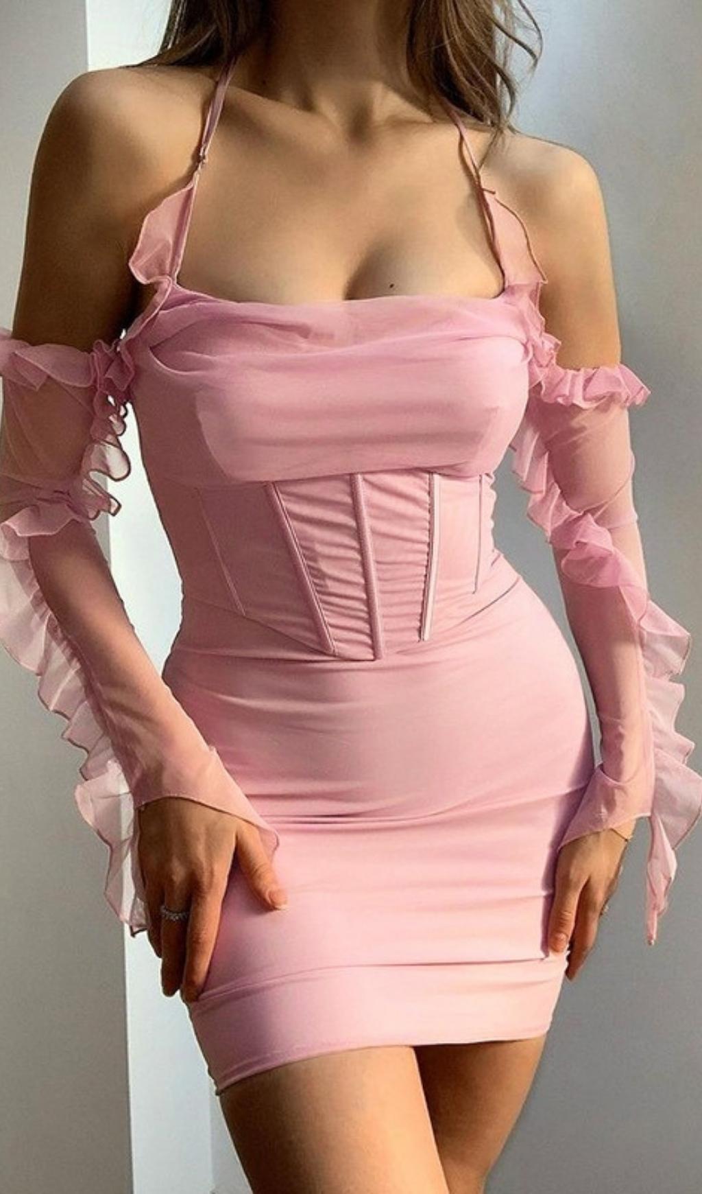 RUFFLE CORSET BODYCON MINI DRESS IN PINK