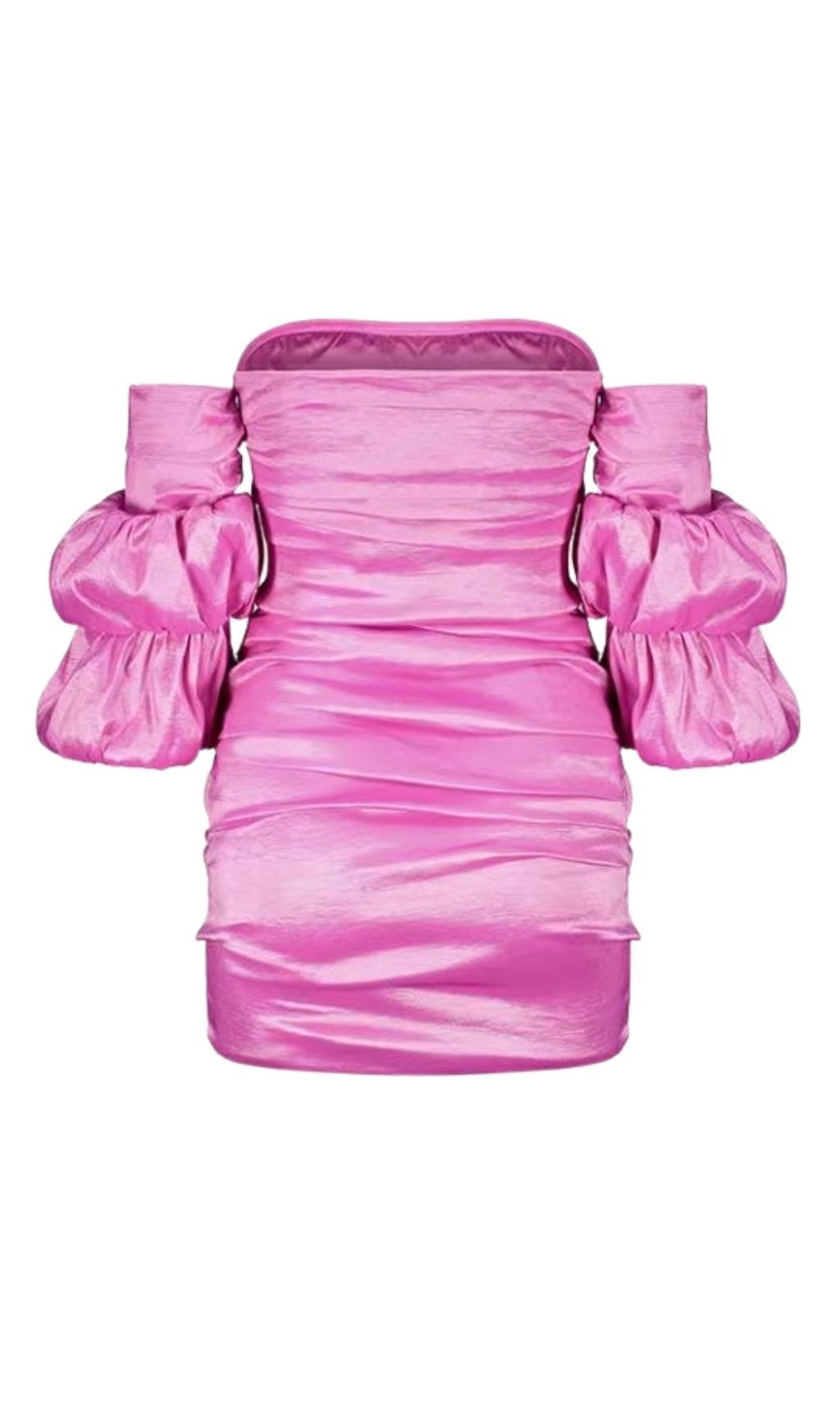 SATIN BARDOT MINI DRESS IN HOT PINK