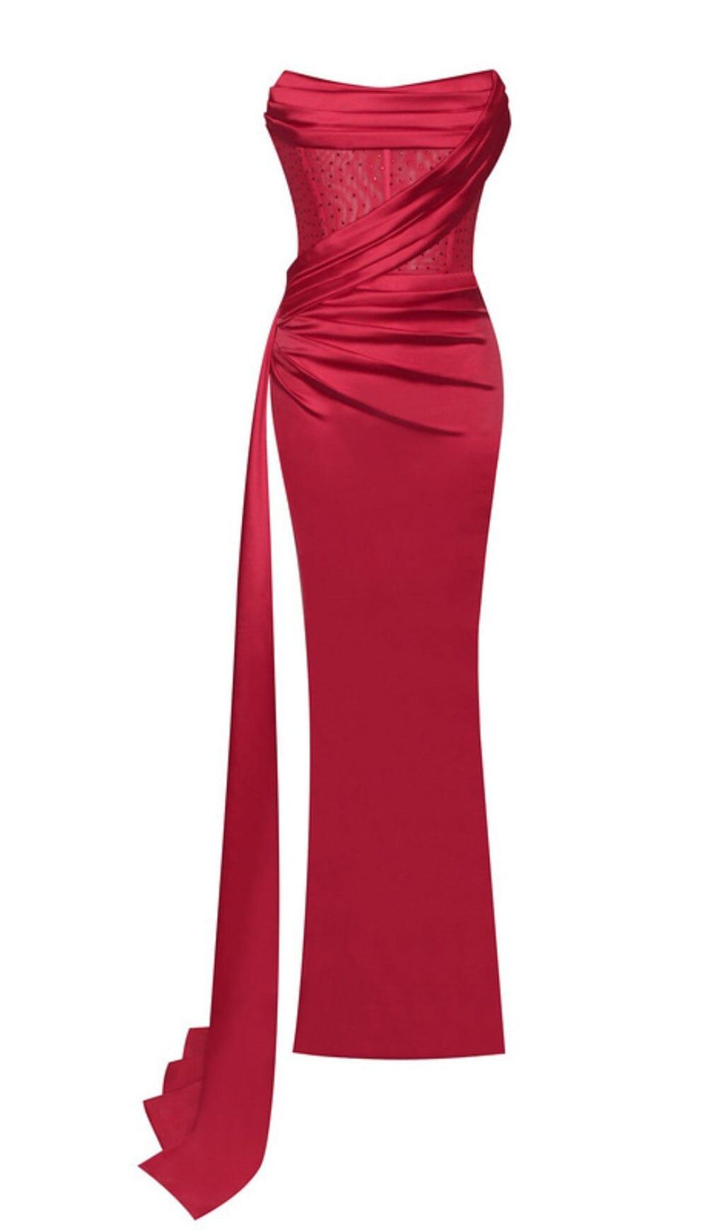 HOLLY RED CRYSTALLIZED CORSET HIGH SLIT SATIN GOWN