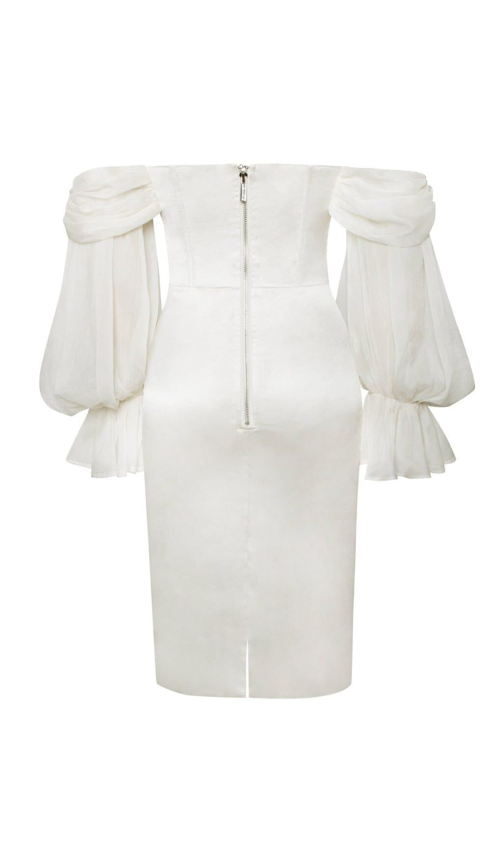 LYDIA PEARL WHITE SATIN OFF SHOULDER PUFF SLEEVE DRESS