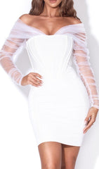 ZOFIA WHITE OFF SHOULDER MESH SLEEVE CORSET DRESS