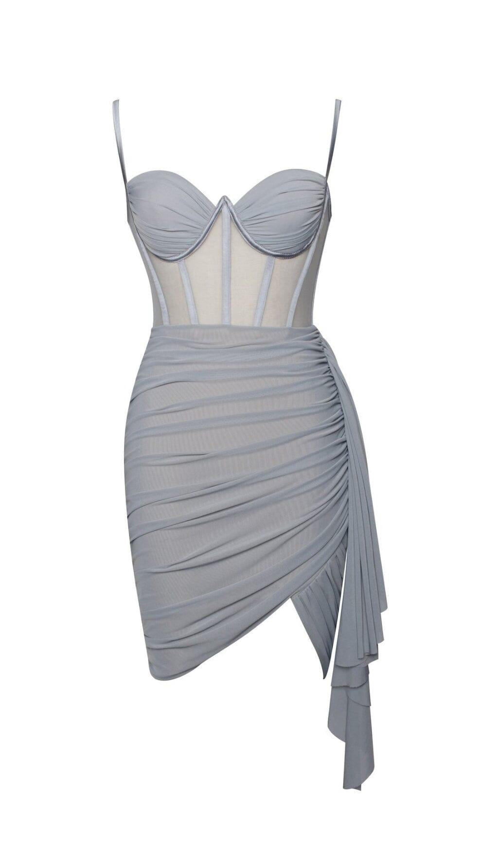 YOLIE GREY RUCHED DRAPING MESH CORSET DRESS