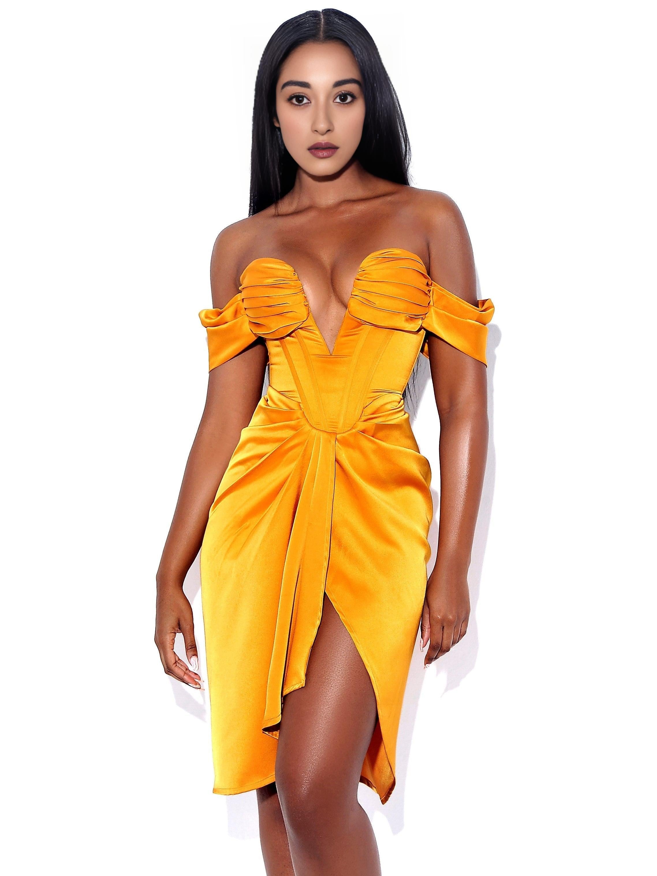 DREYA GOLD OFF SHOULDER SATIN CORSET DRESS