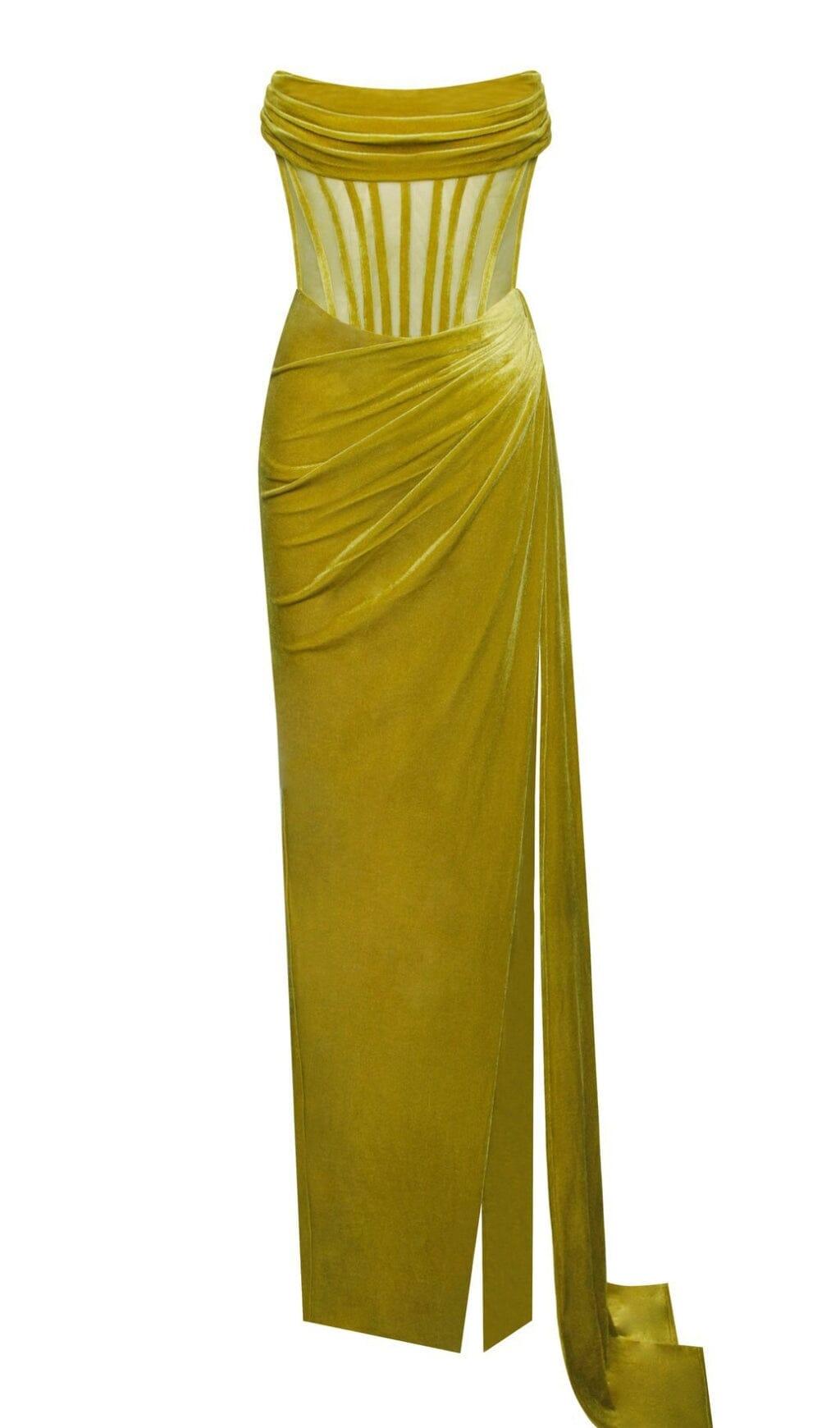 PRIYA GOLD DRAPING CORSET HIGH SLIT VELVET GOWN