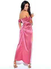 XOPHIA MAUVE PINK OFF SHOULDER SATIN CORSET HIGH SLIT DRESS