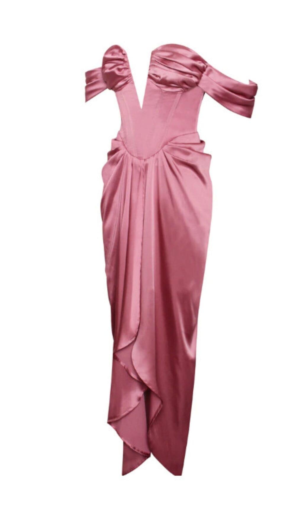 XOPHIA MAUVE PINK OFF SHOULDER SATIN CORSET HIGH SLIT DRESS