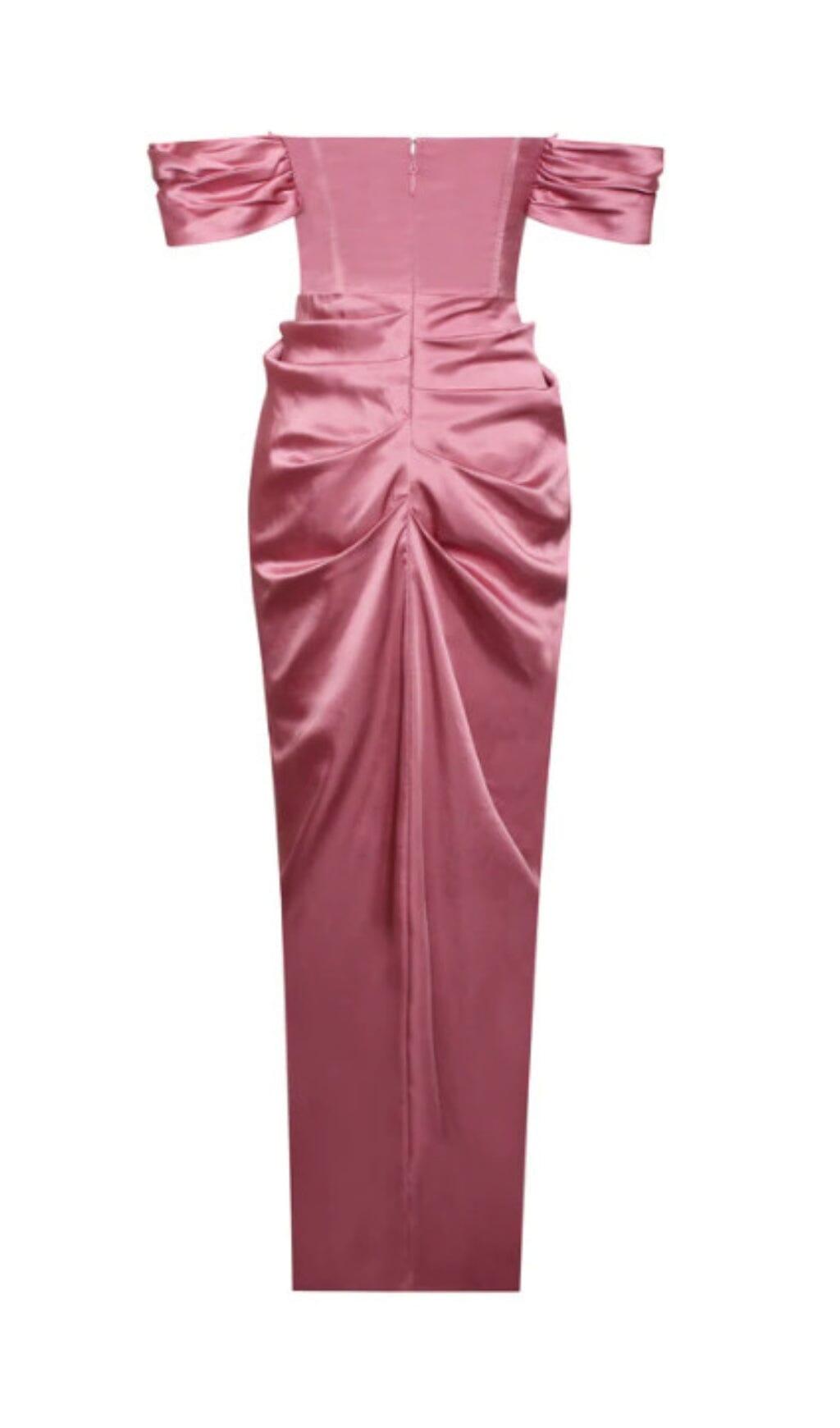 XOPHIA MAUVE PINK OFF SHOULDER SATIN CORSET HIGH SLIT DRESS