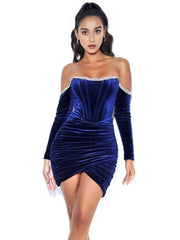 ODETTE NAVY VELVET OFF SHOULDER CORSET DRESS WITH CRYSTAL TRIM