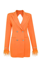 QUILLA ORANGE FEATHER CRYSTAL SLEEVE BACKLESS BLAZER DRESS